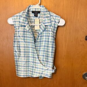 Sleeveless Wrap Button-Down Shirt - Light Blue & White Plaid
